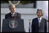 President George W. Bush delivers an address during an arrival ceremony for Prime Minister Junichiro Koizumi of Japan on the South Lawn Thursday, June 29, 2006. "Decades ago, our two fathers looked across the Pacific and saw adversaries, uncertainty and war," said President Bush. "Today their sons look across that same ocean and see friends and opportunity and peace."