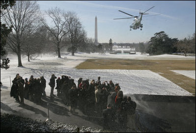 Marine One, carrying President George W. Bush and Laura Bush to Andrews Air Force Base, lifts off from the South Lawn of the White House Thursday, March 8, 2007. The President and Mrs. Bush embarked on the first leg of their five-country, Latin American tour with their first stop Sao Paulo, Brazil. White House photo by David Bohrer
