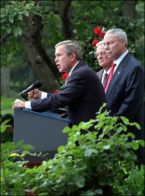 "Today, we have launched a strike on the financial foundation of the global terror network," stated the President in the Rose Garden as he, Secretary of the Treasury Paul O'Neill and Secretary of State Colin Powell address the media Sept. 24.