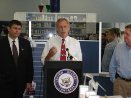 Congressman Snyder speaks at a press conference on prescription drug prices (before Part D), held at the Cantrell Drug Company on July 1, 2002. The press conference was called by the Congressman, Congresmman Berry, and Congressman Ross.