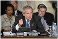 President George W. Bush emphasizes a point as he speaks Saturday, November 5, 2005, during the 2005 Summit of the Americas in Mar del Plata, Argentina.