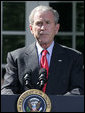 President George W. Bush pauses as he delivers a statement on the Emergency Economic Stabilization Act of 2008 Friday, Oct. 3, 2008, in the Rose Garden of the White House. Said the President, "There were moments this week when some thought the federal government could not rise to the challenge. But thanks to the hard work of members of both parties in both Houses -- and a spirit of cooperation between Capitol Hill and my administration -- we completed this bill in a timely manner." White House photo by Joyce N. Boghosian