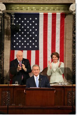 President George W. Bush receives applause while delivering the State of the Union address at the U.S. Capitol, Tuesday, Jan. 23, 2007. Also pictured are Vice President Dick Cheney and Speaker of the House Nancy Pelosi. White House photo by David Bohrer