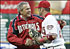 President Bush throws the ceremonial first pitch at the Washington Nationals' inaugural home game.