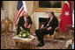 Vice President Dick Cheney meets with Prime Minister Tayyip Erdogan of Turkey Monday, March 24, 2008 in Ankara. During his visit to Turkish capital the Vice President had conversations with the executive leadership on Afghanistan, northern Iraq and energy security. White House photo by David Bohrer