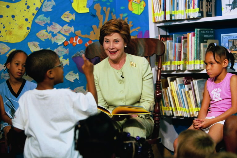 Laura Bush answers questions from an excited listener during her reading of "Book, Book, Book" at the Chattanooga-Hamilton Bicentennial Library in Chattanooga, Tenn. on June 12, 2003. White House photo by Susan Sterner