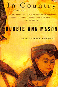 Cover for the book In Country by Bobbie Ann Mason.  The cover illustration takes up the whole area.  In the lower half it shows a child in a hunting outfit and carrying a gun.  In the upper right hand corner the leg and shoe of a person, presumably walking a few steps behind the child, is visible.