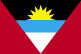 Flag of Antigua and Barbuda is red, with an inverted isosceles triangle based on the top edge of the flag; the triangle contains three horizontal bands of black (top), light blue, and white, with a yellow rising sun in the black band.