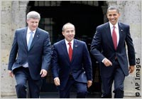 Canadian Prime Minister Harper, left, Mexican President Calderón, center, and President Obama at the Leaders’ Summit in Guadalajara. (C) AP Images