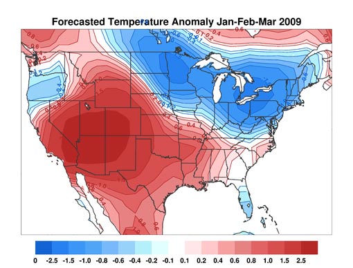 Winter surface temperature anomalies for Jan-Feb-Mar 2009