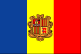 Flag of Andorra is three equal vertical bands of blue on hoist side, yellow, and red with national coat of arms centered in yellow band; coat of arms features quartered shield.
