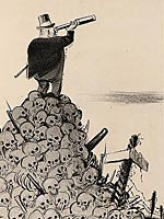 Fat man with telescope standing on a mound of skulls