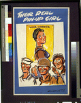 Cartoon showing soldier, sailor, and

pilot pointing to a pin-up poster of a woman war worker