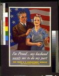 Woman wearing overalls and scarf, with

man beside her, hand on her shoulder, in front of American flag