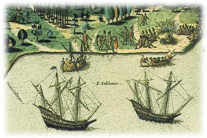 Image of ships landing at coast, with natives