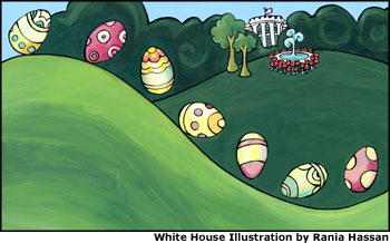 Pictured is cover art for the White House Easter Egg Activity book. White House art by Rania Hassan.
