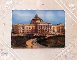 Early image of the Library of Congress Jefferson Building (reverse painting with mother of pearl accents)