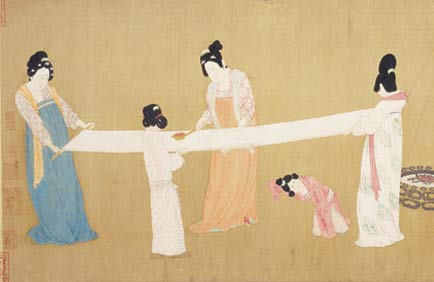 Emperor Huizong, "Court Ladies Preparing Newly Woven Silk," Northern Song dynasty, early 12th century. Ink, color and gold on silk. Special Chinese and Japanese Fund, 1912