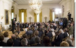 President George W. Bush delivers remarks on Cuba Wednesday, May 21, 2008, in the East Room of the White House. Commemorating the day as a “Day of Solidarity with the Cuban People," President Bush told his audience, "As I mentioned, today my words are being broadcast directly to the Cuban people. I say to all those listening on the island today: Your day is coming. As surely as the waves beat against the Malecón, the tide of freedom will reach Cuba's shores."  White House photo by Joyce N. Boghosian