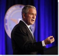 President George W. Bush delivers remarks on the Global War on Terror during a visit Wednesday, March 19, 2008, to the Pentagon. In addressing representatives from each branch of the military -- including some who served in the theater at the beginning of Operation Iraqi Freedom, the President said, "Five years into this battle, there is an understandable debate over whether the war was worth fighting, whether the fight is worth winning, and whether we can win it. The answers are clear to me: Removing Saddam Hussein from power was the right decision -- and this is a fight America can and must win." White House photo by Eric Draper