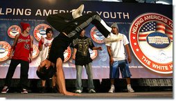 After Mrs. Laura Bush addressed the conference, members of the YA Crew perform a dance routine Thursday, Nov. 8, 2007, at Dallas Baptist University in Dallas. "The work that you do in your neighborhoods -- helping young people build the knowledge and the self-respect they need to build successful lives -- is at the heart of Helping America's Youth," said Mrs. Bush in her remarks. White House photo by Shealah Craighead