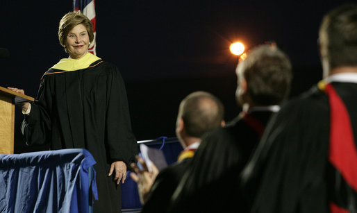 Mrs. Laura Bush smiles during applause after delivering the commencement speech for the Class of 2008 Thursday, May 29, 2008, at Enterprise High School in Enterprise, Alabama. White House photo by Shealah Craighead