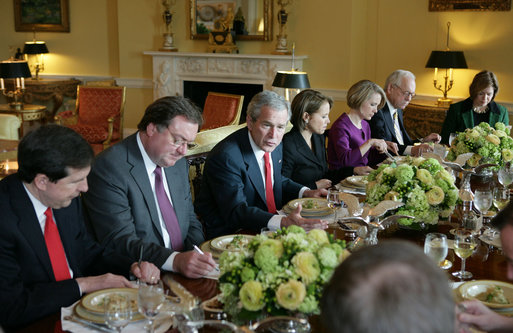 President George W. Bush speaks with television correspondents Monday, Jan. 28, 2008, during a luncheon at the White House prior to his final State of the Union speech later this evening. White House photo by Eric Draper