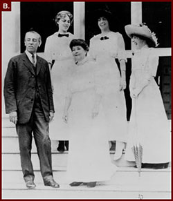 Pres. Woodrow Wilson, and Ellen Axson Wilson, posed standing, full length, on steps, with their daughters, Jessie, Eleanor, and Margaret, ca. 1913.