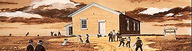 historic painting of a prairie school with children playing outside