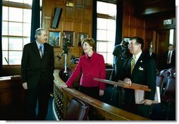 Laura Bush tours Portland City Hall with Mayor James Cloutier and Lee Urban, Director of Urban Planning and Development, in Portland, Maine, Nov. 10, 2003.  White House photo by Susan Sterner