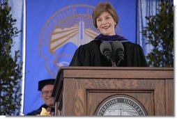 Mrs. Laura Bush addresses the University of Pepperdine's Seaver College Class of 2007 during commencement ceremonies Saturday, April 28, 2007, in Malibu, Calif. Mrs. Bush, who received an honorary Doctor of Laws degree during the event, told the graduates, "The Pepperdine Class of 2007 -- and all of us in the United States -- have freely received the blessings of our nation: good health and prosperity; opportunity and freedom. Our country is also blessed with compassionate citizens who freely give to other nations in need. Many of these compassionate citizens are right here at Pepperdine." White House photo by Shealah Craighead