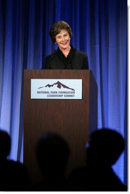 Mrs. Laura Bush addresses the National Park Foundation's Leadership Summit on Partnership and Philanthropy Inaugural Founders Award Dinner Monday, Oct. 15, 2007, in Austin, Texas. "Lady Bird Johnson wanted every American to experience the magic of our national parks. She made park preservation a priority of her husband's administration," said Mrs. Bush. "She championed the National Historic Preservation Act, which President Johnson signed 41 years ago today. The Act launched the first coordinated federal effort to safeguard our country's heritage, and has led to four decades of terrific preservation work throughout the United States." White House photo by Shealah Craighead