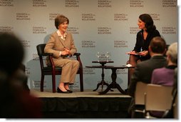 Photo.Mrs. Laura Bush is welcomed Wednesday, Dec. 10, 2008, to a question and answer session at the Council on Foreign Relations in New York City by moderator Kathryn "Kitty" Pilgrim, right, of CNN. Mrs. Bush delivered an opening statement on the 60th anniversary of the Universal Declaration of Human Rights and discussed the human rights of women.  White House photo by Joyce N. Boghosian