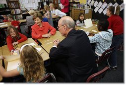 Mrs. Laura Bush, joined by Kansas U.S. Senator Pat Roberts, visits with students Tuesday, March 25, 2008, at the Rolling Ridge Elementary School in Olathe, Kansas. Mrs. Bush honored the school and students for their exceptional volunteer work. White House photo by Shealah Craighead