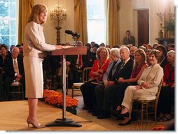 Mrs. Laura Bush and daughter Jenna Hager listen to author Jan Brett during the National Book Festival Breakfast Saturday, Sept. 27, 2008, in the East Room of the White House. White House photo by Joyce N. Boghosian