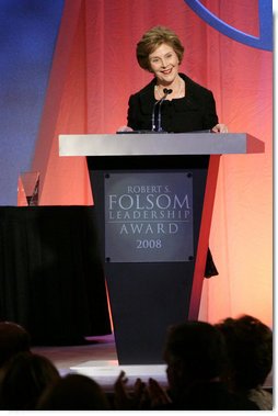 Mrs. Laura Bush accepts the 2008 Robert S. Folsom Leadership Award Thursday, April 10, 2008, in Dallas. The award, presented by the Methodist Health System Foundation, recognizes individuals who have demonstrated a commitment to community leadership emulating the achievements of former Dallas Mayor Robert Folsom.  White House photo by Shealah Craighead