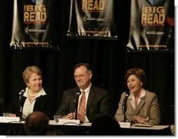 Mrs. Laura Bush participates in a panel discussion on the book ‘To Kill A Mockingbird’ at The Big Read event Monday, April 16, 2007 at the Barnum Museum in Bridgeport, Conn., with Dr. Anne-Imelda Radice, Director, Institute of Museum and Library Services at the Barnum Museum, left, and author Charles Shields, biographer of Harper Lee, the author of 'To Kill A Mockingbird.' White House photo by Shealah Craighead