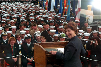Laura Bush addresses members of the military in San Diego, Calif., March 23, 2001, about Troops to Teachers, a program that encourages retired military personnel to become teachers. White House photo by Susan Sterner.