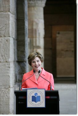 Mrs. Laura Bush opens the luncheon following the White House Symposium on Global Literacy: Building a Foundation for Freedom at the Metropolitan Museum of Art's Temple of Dendur in New York City. Mrs. Bush noted that in the morning session the group learned the outcomes of UNESCO's six regional literacy conferences from around the world. White House photo by Chris Greenberg.