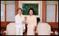 Mrs. Laura Bush meets with Mrs. Kim Yoon-ok, wife of the President of the Republic of Korea, during a coffee in Seoul on Aug. 6, 2008. White House photo by Shealah Craighead