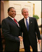 President George W. Bush welcomes Tanzania President Jakaya Kikwete to the Oval Office Friday, Aug. 29, 2008, where the two leaders held discussions on their bilateral relations. President Bush also thanked President Kikwete for his gracious hospitality during the President and Mrs. Bush's visit to Tanzania early this year in February. White House photo by Chris Greenberg