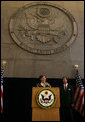 Mrs. Laura Bush addresses U.S. embassy staff Tuesday, Oct. 23, 2007, during her visit to Riyadh, Saudi Arabia. White House photo by Shealah Craighead