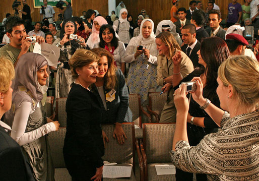 Mrs. Laura Bush meets with students after speaking about the English Access Microscholarship Program at the Ministry of Education Training Facility in Kuwait City, Wednesday, Oct. 24, 2007. White House photo by Shealah Craighead