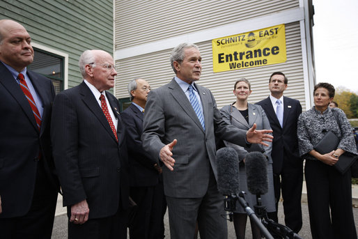 President George W. Bush delivers a statement after meeting with local business leaders Wednesday, Oct. 15, 2008, in Ada, Michigan. Said the President, "I want to thank you all for giving me a chance to hear from you. We've got some community bankers here that have been affected by the plan we put in place. And their bank lending is now secured by the FDIC. And I bring a sense of optimism and realism. I'm realistic about how tough the situation is. I'm optimistic that we're going to come through it. And I believe when we come thru it we're going to be better than ever." White House photo by Eric Draper