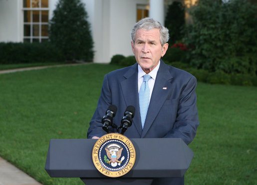 President George W. Bush delivers a statement at the White House Monday, Sept. 29, 2008, on Financial Rescue Legislation. Said the President, "This legislation deals with complex issues, and negotiators were asked to address them in a very short period of time. I appreciate the leadership of members on both sides of the aisle, who came together when our nation was counting on them. Negotiations are sometimes difficult, but their hard work and cooperation paid off." White House photo by Chris Greenberg