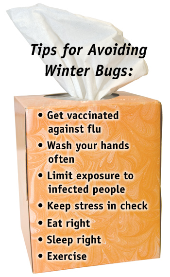 box of tissues with this text on it: Tips for Avoiding Winter Bugs: Get vaccinated against flu, Wash your hands often, Try to limit exposure to infected people, Keep Stress in Check, Eat right, Sleep right, Exercise