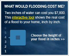 What would flooding cost me? Two inches of water can cost you $7,800. This interactive tool shows the real cost of a flood to your home, inch by inch. Choose the height of your flood in inches