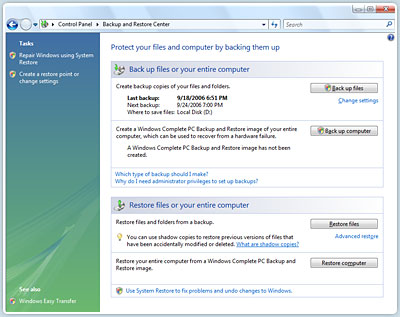 Windows Vista Ultimate Back and Restore Center makes it easy to save and recover your data.