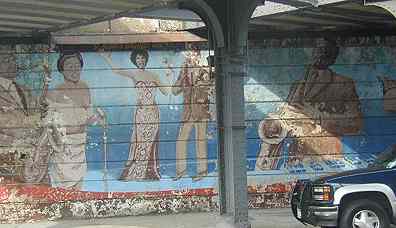 This now-fading mural on the northern side of Linden Boulevard as it passes under the Long Island Railroad depicts many of the jazz and entertainment giants who    resided here