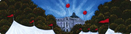 Illustration of the tops of tents with balloons in the air over them, with the Library of Congress in the background.